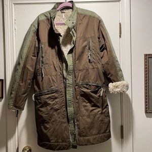 Free People Tallis Parka Military Faux Sherpa Utility Trench Coat Gr/ Br